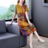 Women Short Sleeves V neck Dress Summer Retro Printing A line Skirt Elegant Large Size High Waist Casual Dress yellow 5XL
