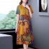 Women Short Sleeves V neck Dress Summer Retro Printing A line Skirt Elegant Large Size High Waist Casual Dress yellow 5XL