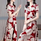 Women Short Sleeves V-neck Dress Summer Floral Printing A-line Skirt High Waist Pullover Mid-length Dress red 3XL