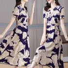 Women Short Sleeves V-neck Dress Summer Floral Printing A-line Skirt High Waist Pullover Mid-length Dress blue 3XL