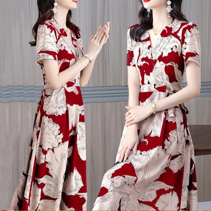 Women Short Sleeves V-neck Dress Summer Floral Printing A-line Skirt High Waist Pullover Mid-length Dress red L