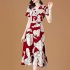Women Short Sleeves V neck Dress Summer Floral Printing A line Skirt High Waist Pullover Mid length Dress red L