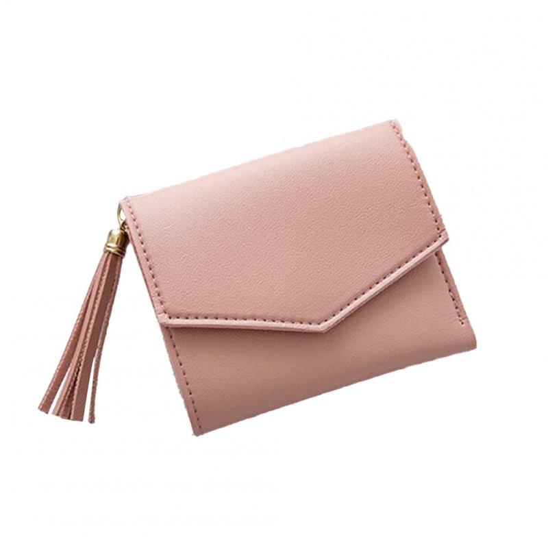 Women Short Wallet 3-folds Tassel Solid Color PU Leather Magnetic Buckle Square Purse Pink