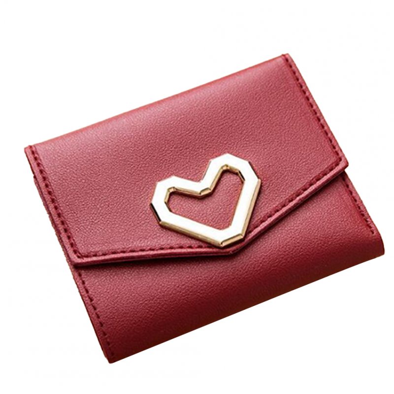 Women Short Wallet Heart 3-folds Candy Color PU Leather Magnetic Buckle Square Purse red
