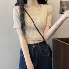 Women Short-sleeves T-shirt Summer Thin Knitted Crop Top Fashion Slim Fit Elegant Solid Color Pullover Blouse Khaki one size