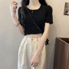 Women Short-sleeves T-shirt Summer Thin Knitted Crop Top Fashion Slim Fit Elegant Solid Color Pullover Blouse black one size