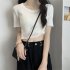 Women Short sleeves T shirt Summer Thin Knitted Crop Top Fashion Slim Fit Elegant Solid Color Pullover Blouse White one size