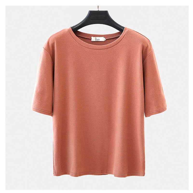 Women Simple Solid Color Round Neck Short-sleeves Loose T-shirt