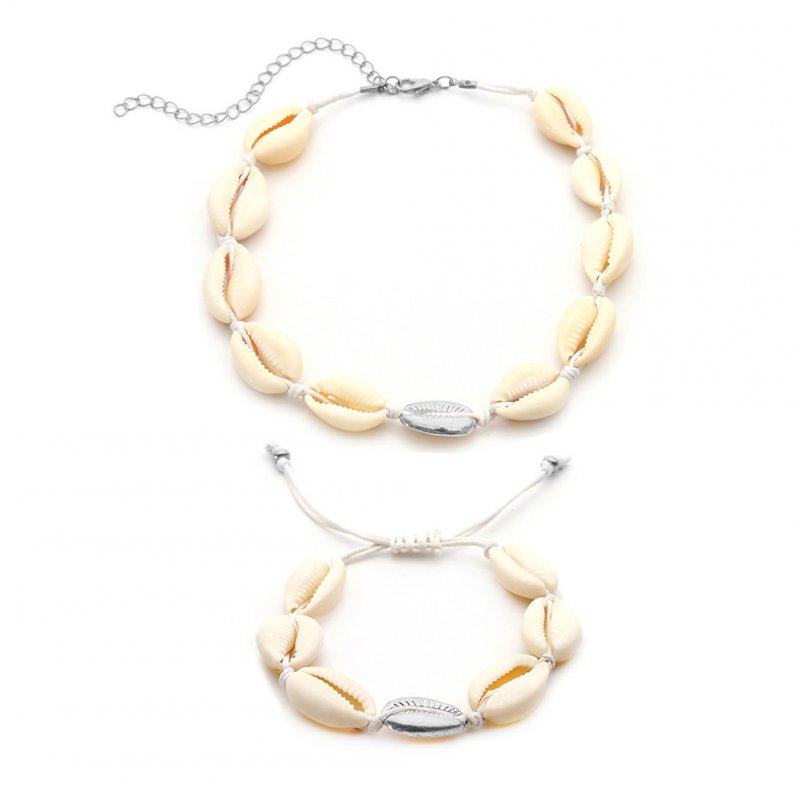 Women Simple Stylish Shell Bohemian Style Jewelry Set Elegant Exquisite Necklace + Bracelets White silver