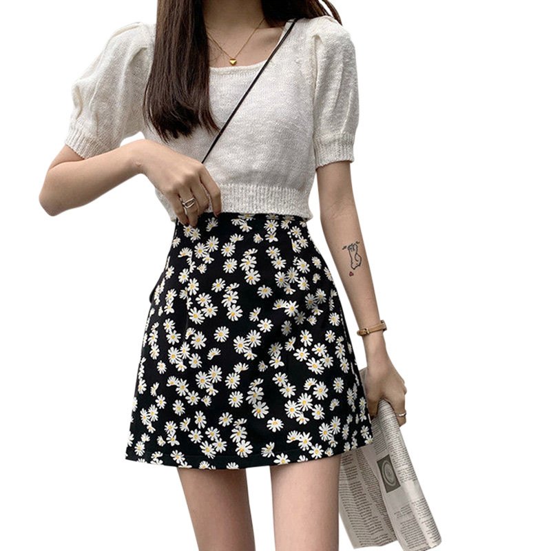 Women Skirt Daisy Print High Waist Casual Slim Fresh Summer A-line Skirt black_S
