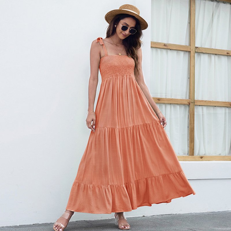 Women Sleeveless Dress High Waist Large Swing Long Skirt Elegant Solid Color Casual Dress Orange L