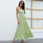 Women Sleeveless Dress High Waist Large Swing Long Skirt Elegant Solid Color Casual Dress green S