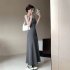 Women Sleeveless Dress Sexy Backless High Waist Long Skirt Elegant Solid Color Spaghetti Strap Dress grey XL