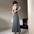 Women Sleeveless Dress Sexy Backless High Waist Long Skirt Elegant Solid Color Spaghetti Strap Dress grey XL