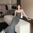 Women Sleeveless Dress Sexy Backless High Waist Long Skirt Elegant Solid Color Spaghetti Strap Dress black 3XL