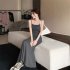 Women Sleeveless Dress Sexy Backless High Waist Long Skirt Elegant Solid Color Spaghetti Strap Dress black 3XL