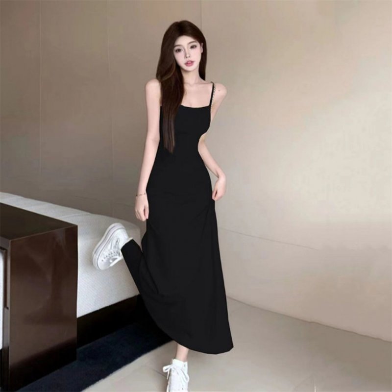 Women Sleeveless Dress Sexy Backless High Waist Long Skirt Elegant Solid Color Spaghetti Strap Dress black 3XL