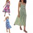 Women Sleeveless Dress Sexy Backless High Waist Long Skirt Summer Sweet Printing Dress For Travel Party green stripes S
