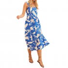 Women Sleeveless Dress Sexy Backless High Waist Long Skirt Summer Sweet Printing Dress For Travel Party blue leaves S