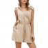 Women Sleeveless Jumpsuit Summer Elastic Waist Short Romper Solid Color Loose Casual Cotton Jumpsuit beige L
