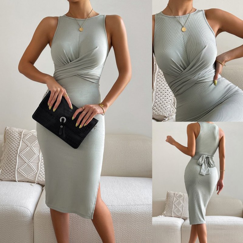 Women Sleeveless Knitted Dress Summer Slim Fit Bodycon Skirt Simple Elegant Solid Color Midi Skirt fruit green S