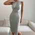 Women Sleeveless Knitted Dress Summer Slim Fit Bodycon Skirt Simple Elegant Solid Color Midi Skirt fruit green S