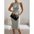 Women Sleeveless Knitted Dress Summer Slim Fit Bodycon Skirt Simple Elegant Solid Color Midi Skirt fruit green S