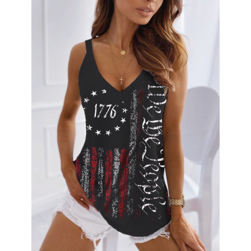 Women Sleeveless T-shirt Fashion V-neck Elegant Printing Casual Tank Tops For Party black 2XL