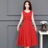Women Sleeveless Tank Dress Summer Round Neck A line Skirt Elegant Solid Color Pullover Long Dress red 4XL
