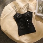 Women Sleeveless Tank Top Elegant Pearl Bowknot Slim Fit Ice Silk Tops Stylish Chain Shoulder Strap Vest black One size (for 35-62.5kg )