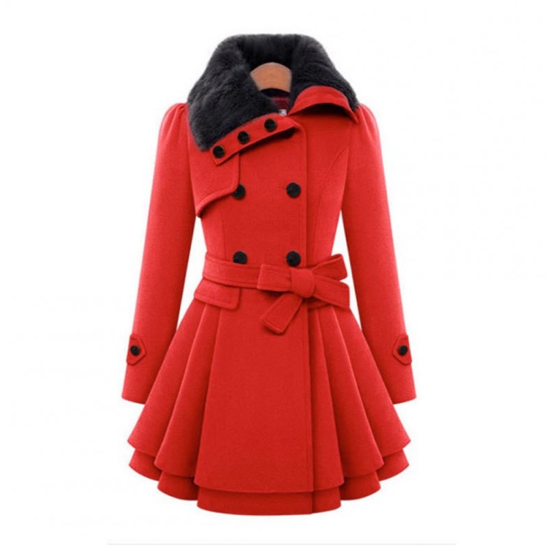Women  Long Woolen Overcoat - Red Navy