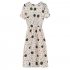 Women Slim High Waist Dress Wave Dots Hollow Round Collar Dress apricot 2XL
