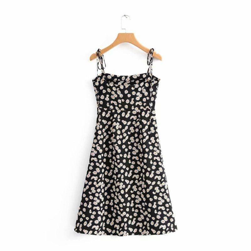 Women Sling Dress Slim High Waist Daisy Print Retro Summer A-line Short Long Dress Long dress_L