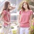 Women Solid Color Loose Round Collar Short Sleeve T shirt Pink L