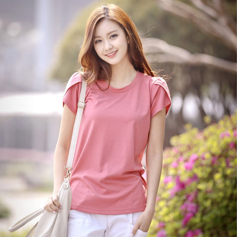 Women Solid Color Loose Round Collar Short Sleeve T-shirt Pink_XL
