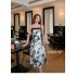 Women Spaghetti Strap Dress Elegant French Floral Printing A line Skirt Sleeveless High Waist Midi Skirt As shown M