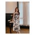 Women Spaghetti Strap Dress Elegant French Floral Printing A line Skirt Sleeveless High Waist Midi Skirt As shown M