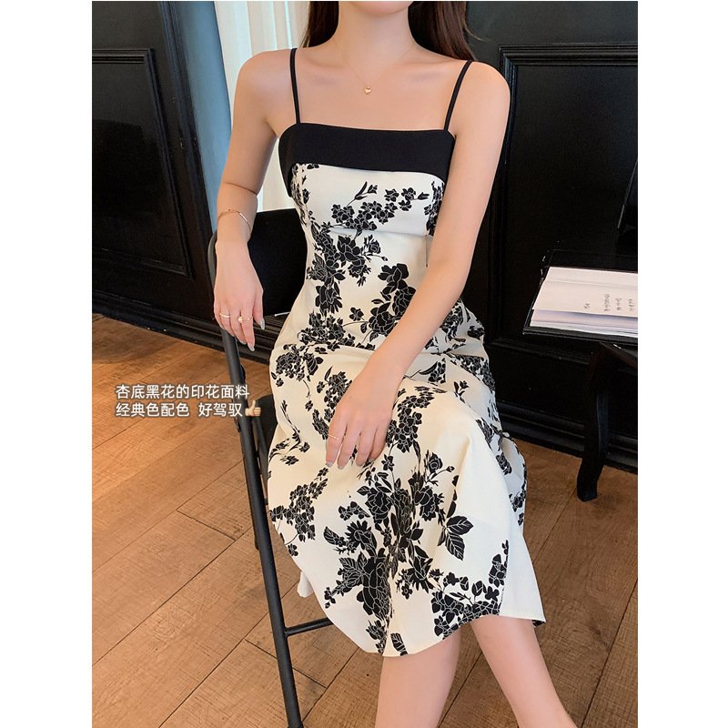 Women Spaghetti Strap Dress Elegant French Floral Printing A-line Skirt Sleeveless High Waist Midi Skirt As shown M