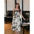 Women Spaghetti Strap Dress Elegant French Floral Printing A line Skirt Sleeveless High Waist Midi Skirt As shown M