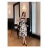 Women Spaghetti Strap Dress Elegant French Floral Printing A line Skirt Sleeveless High Waist Midi Skirt As shown XL