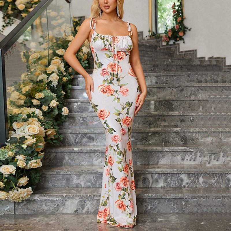 Women Spaghetti Strap Dress Summer Sexy High Waist Backless Lace-up Long Skirt Elegant Floral Printing Pleated Dress Khaki L