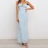 Women Spaghetti Strap Dress Summer Sexy High Waist Backless Lace up Long Skirt Elegant Floral Printing Pleated Dress Khaki L