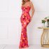 Women Spaghetti Strap Dress Summer Sexy High Waist Backless Lace up Long Skirt Elegant Floral Printing Pleated Dress Khaki L