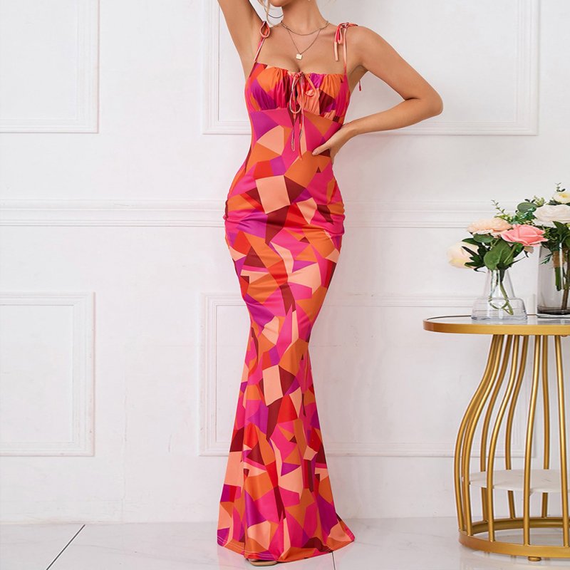 Women Spaghetti Strap Dress Summer Sexy High Waist Backless Lace-up Long Skirt Elegant Floral Printing Pleated Dress red M