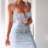 Women Spaghetti Strap Dress Summer Sexy High Waist Backless Lace up Long Skirt Elegant Floral Printing Pleated Dress red M