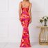 Women Spaghetti Strap Dress Summer Sexy High Waist Backless Lace up Long Skirt Elegant Floral Printing Pleated Dress red M