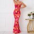 Women Spaghetti Strap Dress Summer Sexy High Waist Backless Lace up Long Skirt Elegant Floral Printing Pleated Dress red M