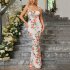 Women Spaghetti Strap Dress Summer Sexy High Waist Backless Lace up Long Skirt Elegant Floral Printing Pleated Dress red M