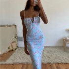 Women Spaghetti Strap Dress Summer Sexy High Waist Backless Lace-up Long Skirt Elegant Floral Printing Pleated Dress blue S