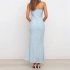 Women Spaghetti Strap Dress Summer Sexy High Waist Backless Lace up Long Skirt Elegant Floral Printing Pleated Dress blue S
